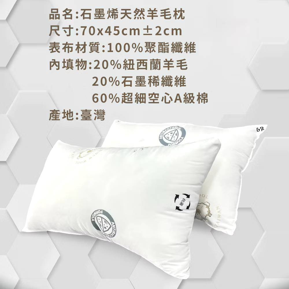 【購滿地】石墨烯天然羊毛枕 70x45cm (1入)-細節圖6