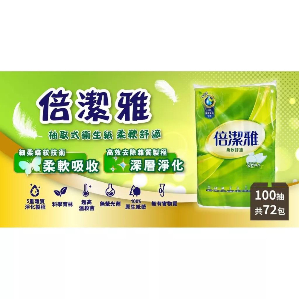 【倍潔雅】柔軟舒適 抽取式衛生紙100抽x6包X12串箱 購滿地-細節圖4