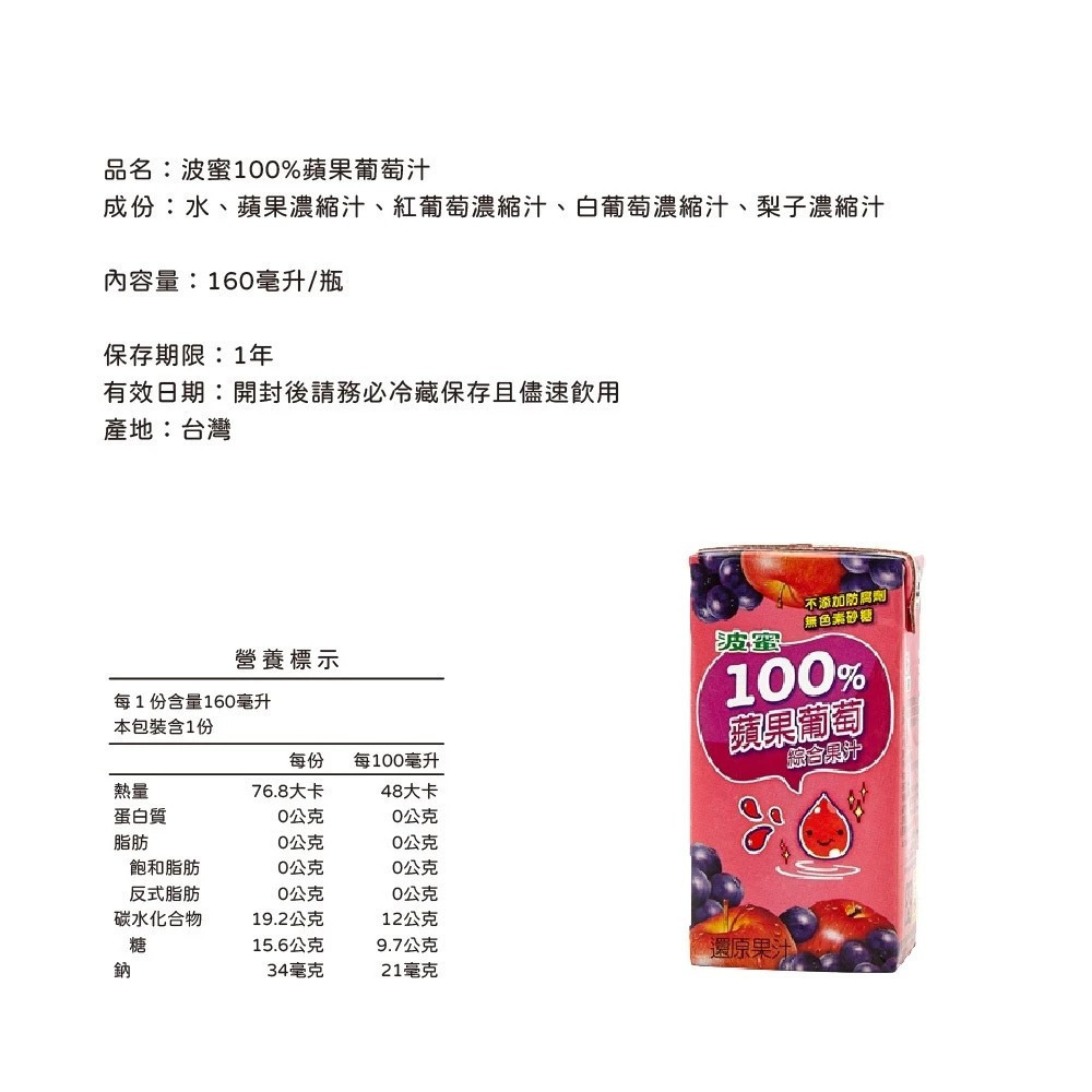 【波蜜】一日蔬果100%蔬果汁/蘋果葡萄汁/葡萄蔬果汁/蘋果柳橙汁 160mlx24罐/箱 大人小孩都愛 購滿地-細節圖5