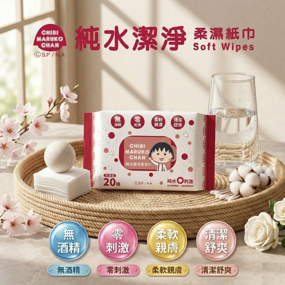 櫻桃小丸子 純水柔濕巾隨手包20抽/包(無蓋) 加厚型 無酒精零刺激 柔軟親膚 購滿地-細節圖7
