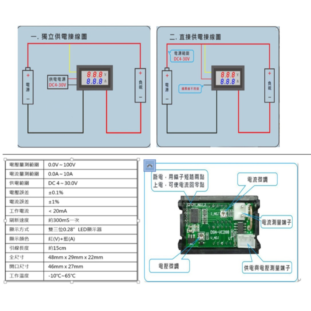 三位元雙顯示 LED直流電壓/電流表頭 DC100V/10A (紅/藍) 1048 大洋國際電子-細節圖3