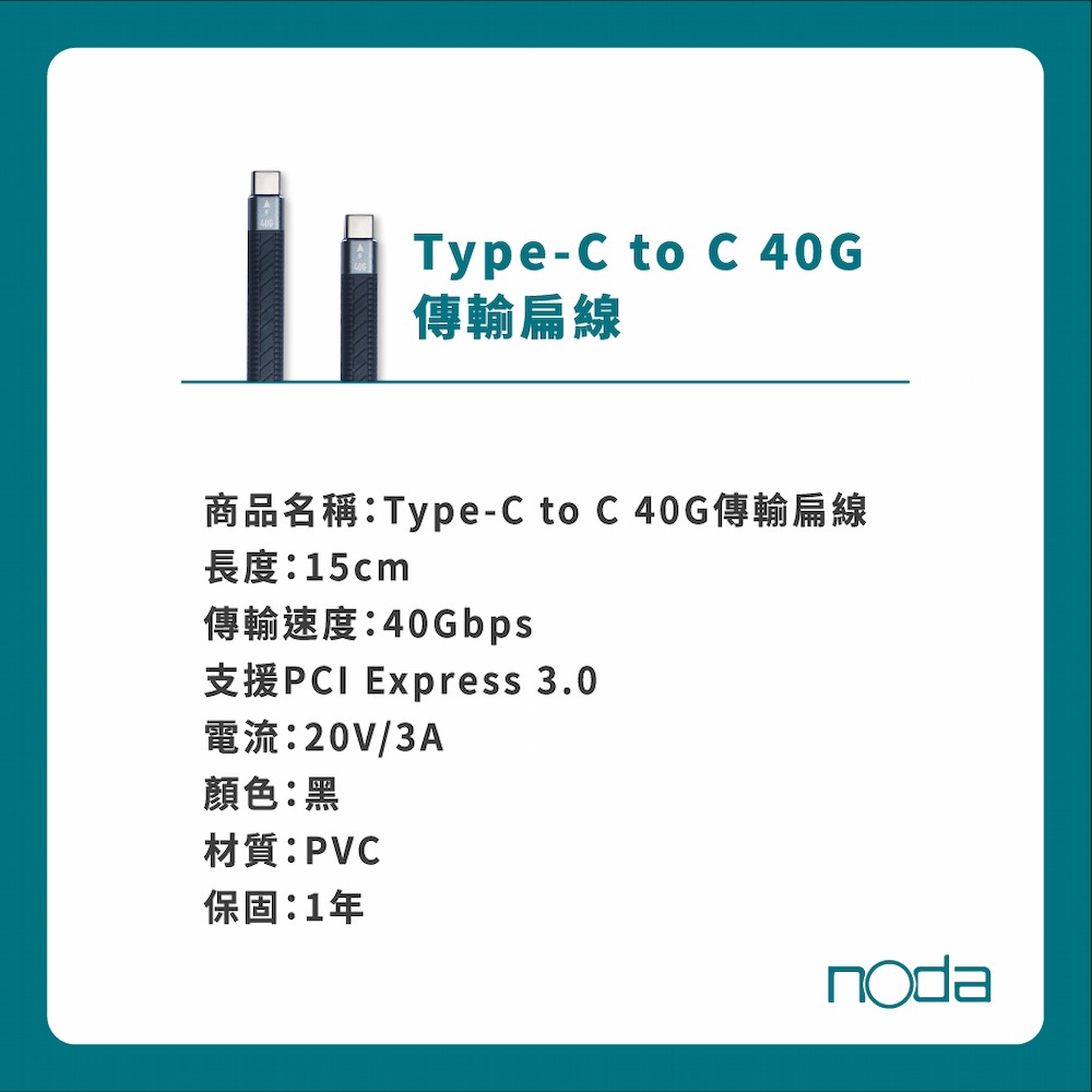 noda Type-C to C 40G 傳輸扁線(白色)-細節圖7