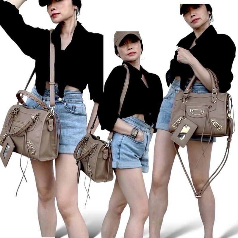 ￼（現貨5色）🎀韓版金釦中機附鏡子🎀機車包、手提包、肩背包、側背包、托特包、波士頓包、斜背包-細節圖4