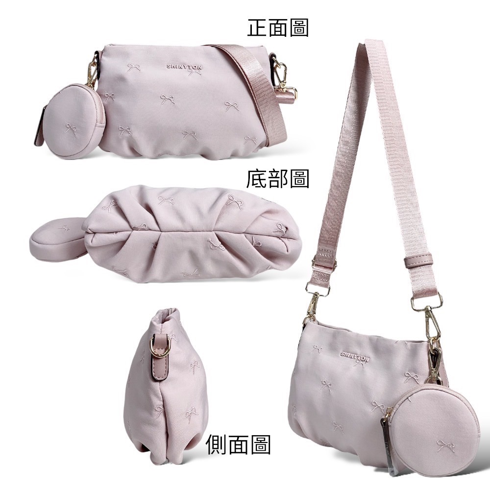 現貨（5色）🎀SHINYTON 少女心刺繡蝴蝶結厚磅水洗尼龍小元寶🎀肩背包、側背包、斜背包、化妝包、附零錢包、小包包-細節圖2