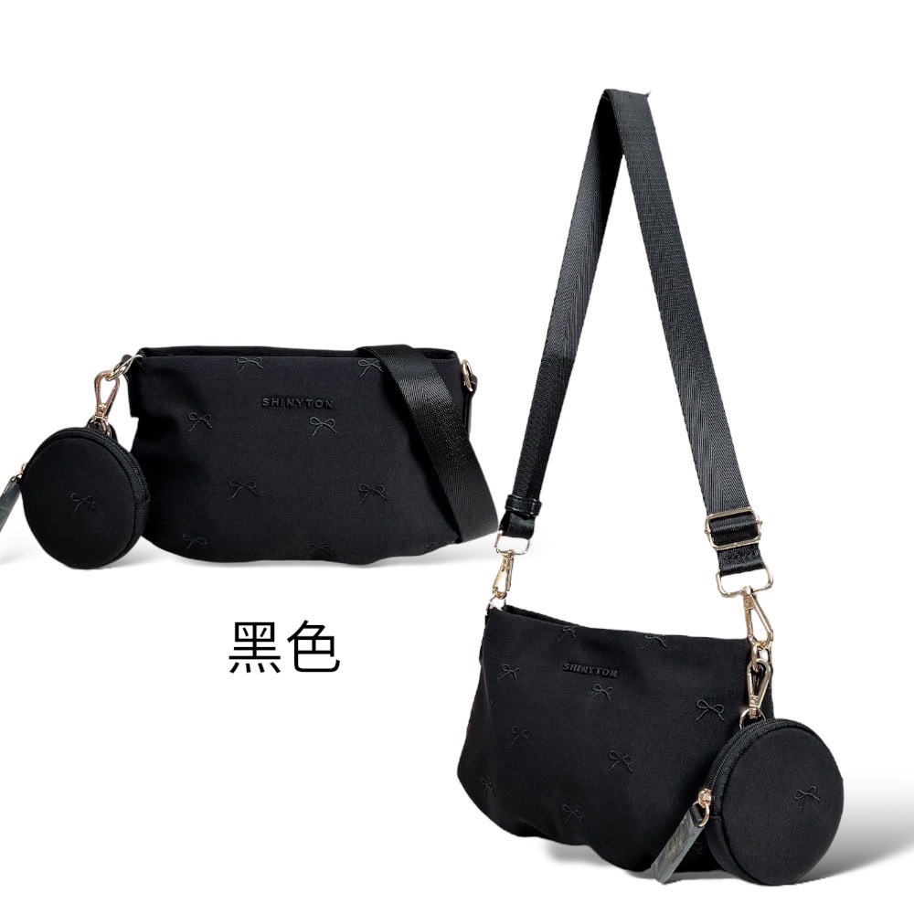 現貨（5色）🎀SHINYTON 少女心刺繡蝴蝶結厚磅水洗尼龍小元寶🎀肩背包、側背包、斜背包、化妝包、附零錢包、小包包-規格圖7