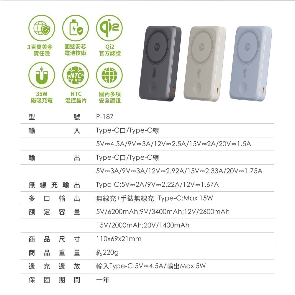 P-187 Acer Gadget碁速充Qi2五合一35w固態行動電源10000mah可無線磁吸也有自帶線充有三色-細節圖2