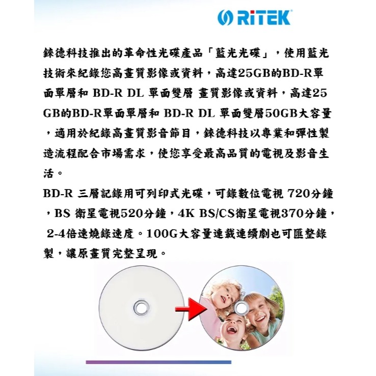 [台灣製造] 錸德RITEK珍珠白可列印式100GB BD-RXL4X藍光片 單片盒裝-細節圖2