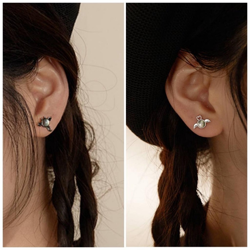 🔥現貨🔥S925純銀 天使與惡魔 不對稱設計耳環 耳釘 飾品 101-009-細節圖2