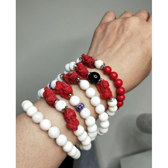 (現貨) 天然硨磲硃砂貔貅手串 硨磲硃砂貔貅手珠 辟邪招財-細節圖9