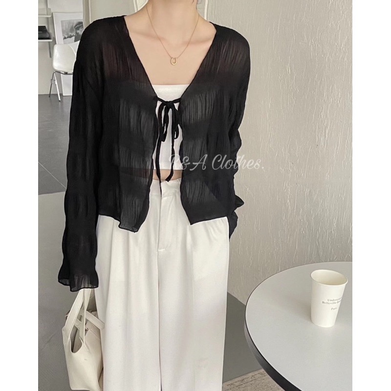 皺皺雪紡綁帶小外套💗現貨💗透膚外套 透膚罩衫 雪紡罩衫 R&A Clothes-細節圖5