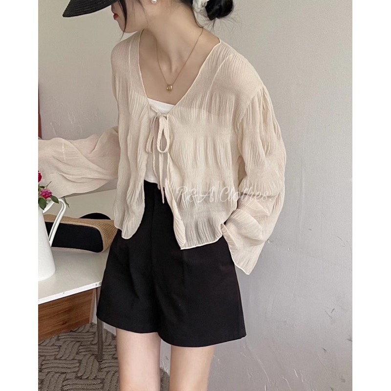 皺皺雪紡綁帶小外套💗現貨💗透膚外套 透膚罩衫 雪紡罩衫 R&A Clothes-細節圖6