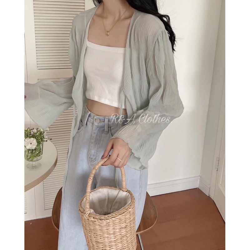 皺皺雪紡綁帶小外套💗現貨💗透膚外套 透膚罩衫 雪紡罩衫 R&A Clothes-細節圖9