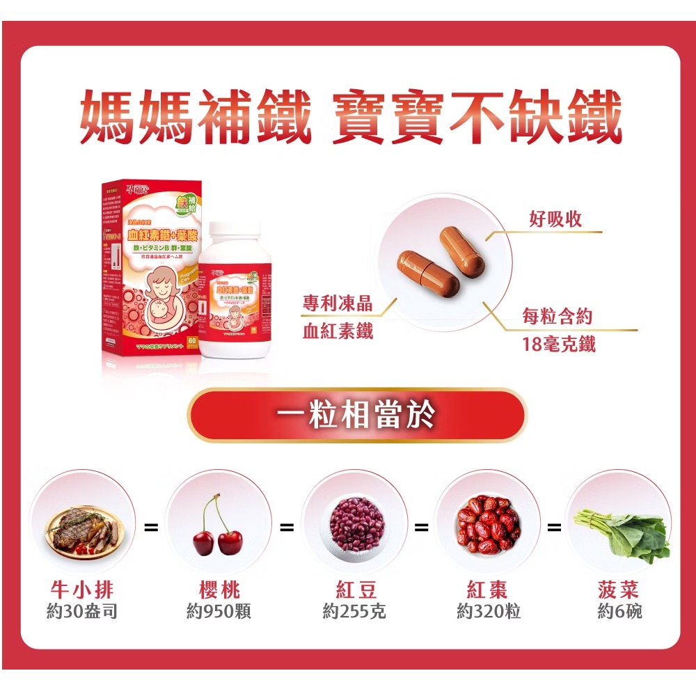 孕哺兒 凍晶血紅素鐵＋葉酸60粒 膠囊 媽咪 保健食品 媽媽 母親 補鐵 鐵【全成藥妝】-細節圖4