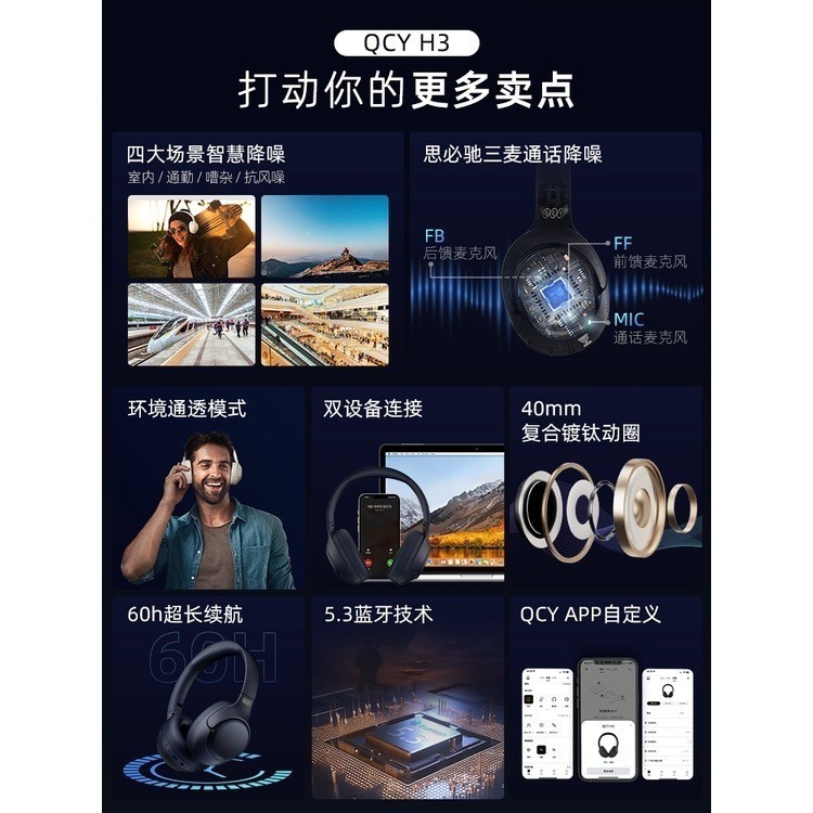 現貨 QCY H3頭戴式藍牙耳機 ANC主動降噪 Hi-Res小金標認證 藍牙耳機 耳機 頭戴耳機 降噪耳機 耳罩式耳機-細節圖9