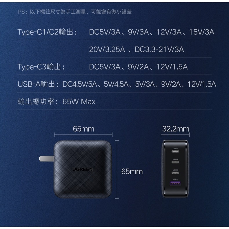 【綠聯】65W 四孔GaN氮化鎵充電器 USB-C*3+USB-A*1 快充頭|TYPE-C|手機/筆電充電器|-細節圖9