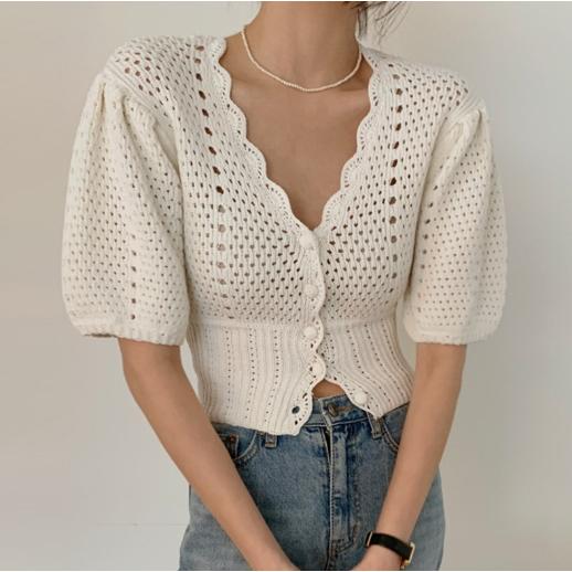 LYS - 溫柔氣質V領單排扣收腰短款泡泡袖針織衫上衣-細節圖3