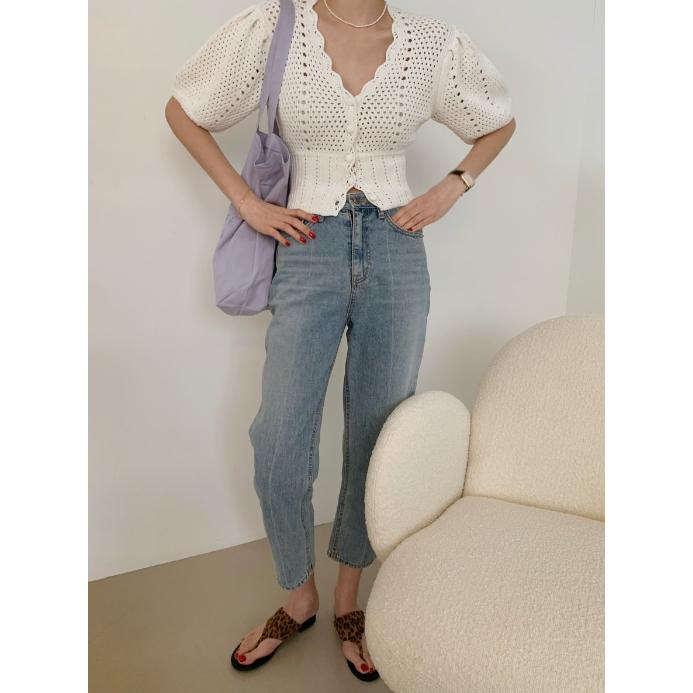 LYS - 溫柔氣質V領單排扣收腰短款泡泡袖針織衫上衣-細節圖5