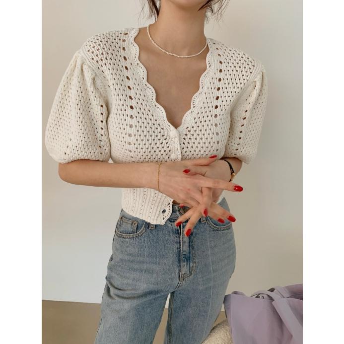 LYS - 溫柔氣質V領單排扣收腰短款泡泡袖針織衫上衣-細節圖8