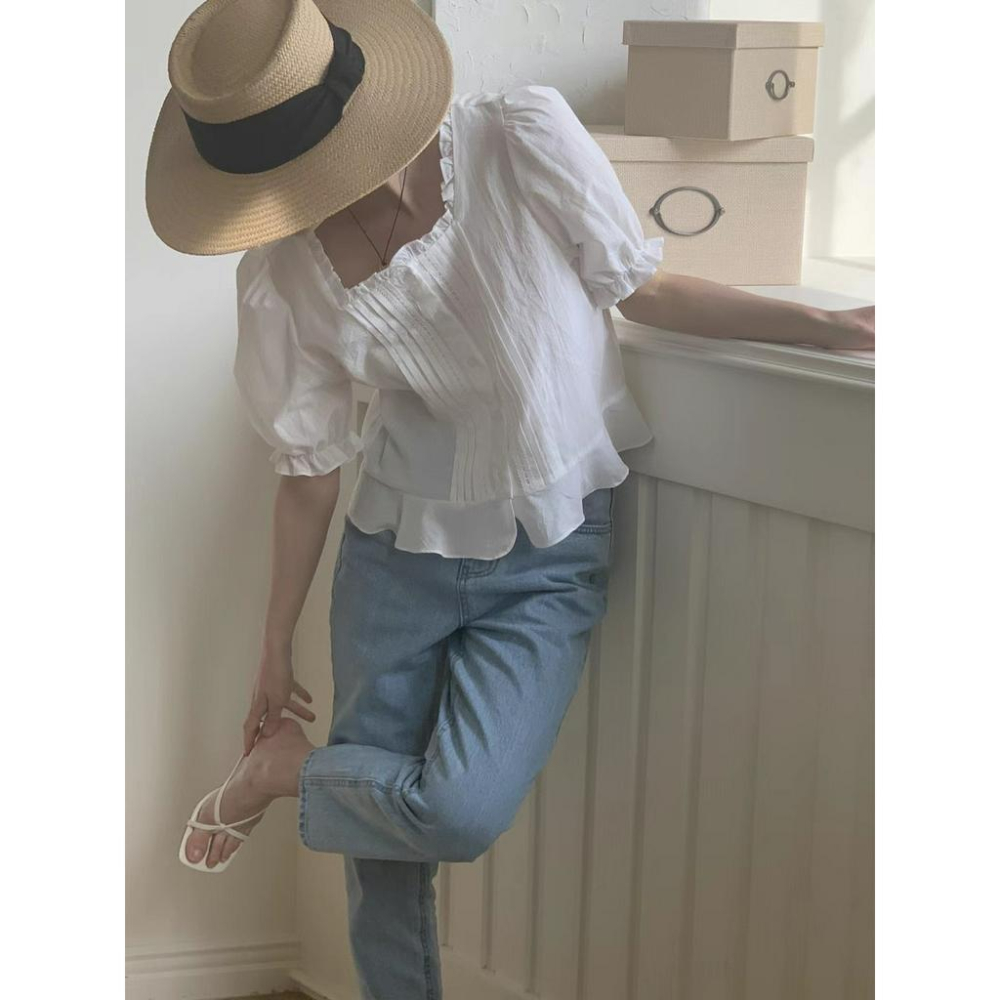 ᴷᴼᴿᴱᴬ 🇰🇷  復古壓褶短袖襯衫-細節圖3