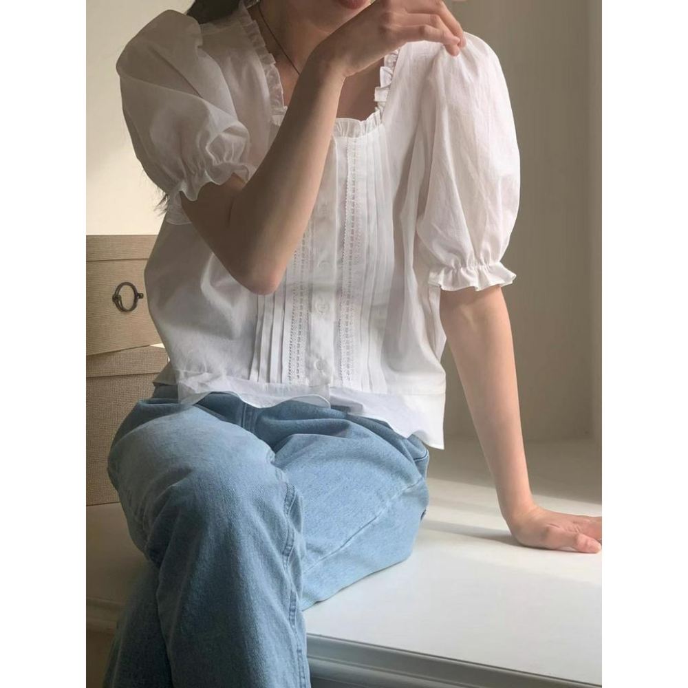 ᴷᴼᴿᴱᴬ 🇰🇷  復古壓褶短袖襯衫-細節圖4