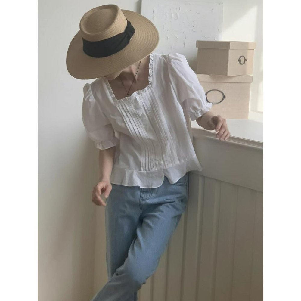 ᴷᴼᴿᴱᴬ 🇰🇷  復古壓褶短袖襯衫-細節圖5