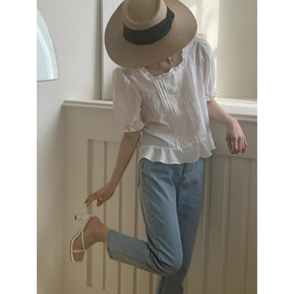 ᴷᴼᴿᴱᴬ 🇰🇷  復古壓褶短袖襯衫-細節圖6