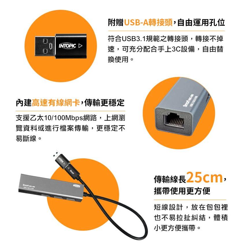 INTOPIC  USB3.1 & RJ45 鋁合金集線器 (HBC-580) 畢業季~~限時限量促銷，售完為止-細節圖3