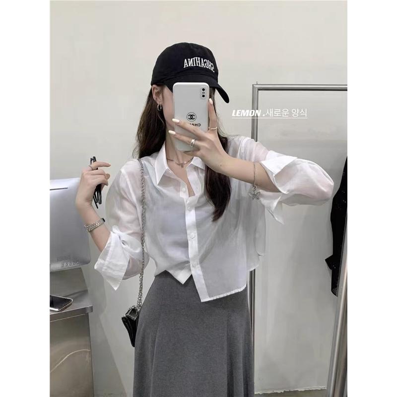 ［大尺碼到5XL］𝐔𝐌𝐄𝐎𝐖 𝐒𝐓𝐔𝐃𝐈𝐎 向太陽告白 後綁帶雪紡微透視短版長袖襯衫 防曬罩衫-細節圖2