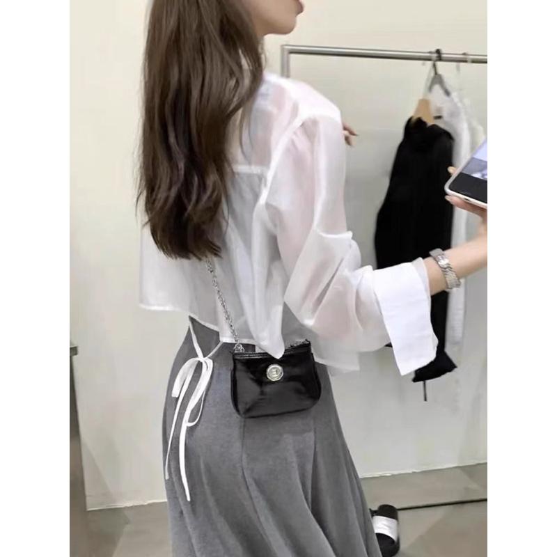 ［大尺碼到5XL］𝐔𝐌𝐄𝐎𝐖 𝐒𝐓𝐔𝐃𝐈𝐎 向太陽告白 後綁帶雪紡微透視短版長袖襯衫 防曬罩衫-細節圖4