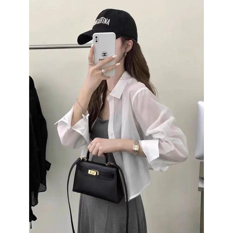 ［大尺碼到5XL］𝐔𝐌𝐄𝐎𝐖 𝐒𝐓𝐔𝐃𝐈𝐎 向太陽告白 後綁帶雪紡微透視短版長袖襯衫 防曬罩衫-細節圖5