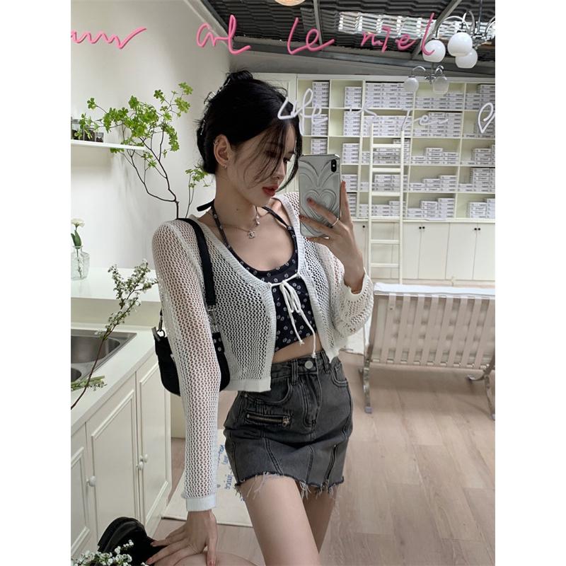 ［大尺碼到5XL］𝐔𝐌𝐄𝐎𝐖 𝐒𝐓𝐔𝐃𝐈𝐎 只如初見 鏤空洞洞綁帶小外套+小花花細肩帶BraTop背心 套裝 短版罩衫-細節圖8