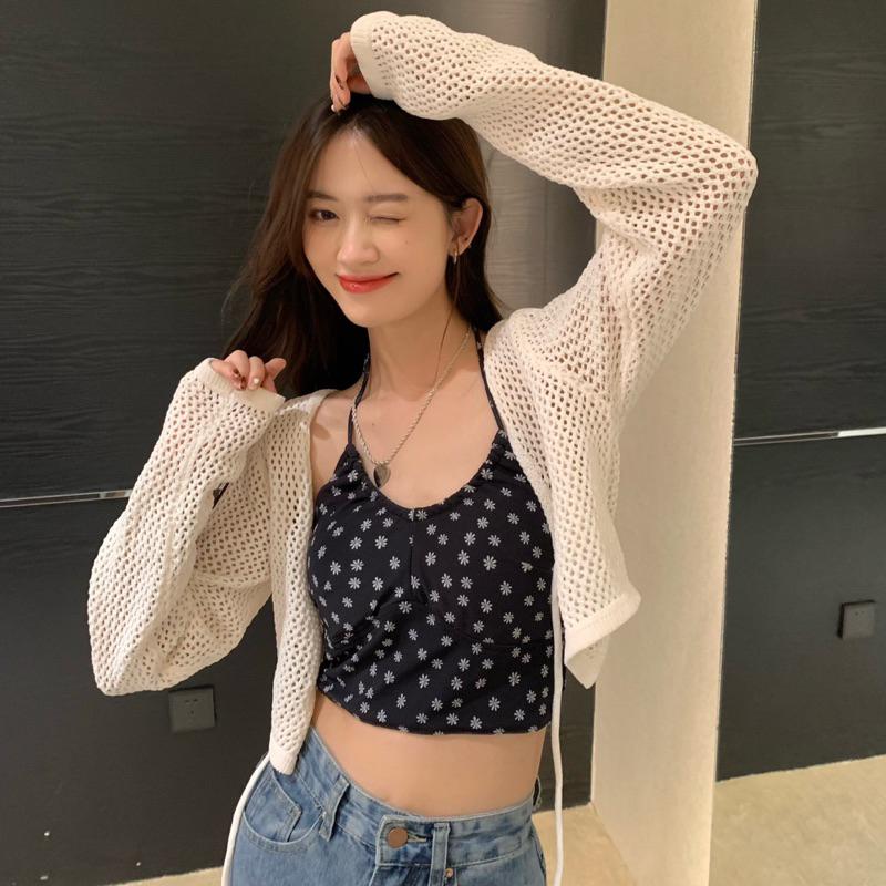 ［大尺碼到5XL］𝐔𝐌𝐄𝐎𝐖 𝐒𝐓𝐔𝐃𝐈𝐎 只如初見 鏤空洞洞綁帶小外套+小花花細肩帶BraTop背心 套裝 短版罩衫-細節圖9