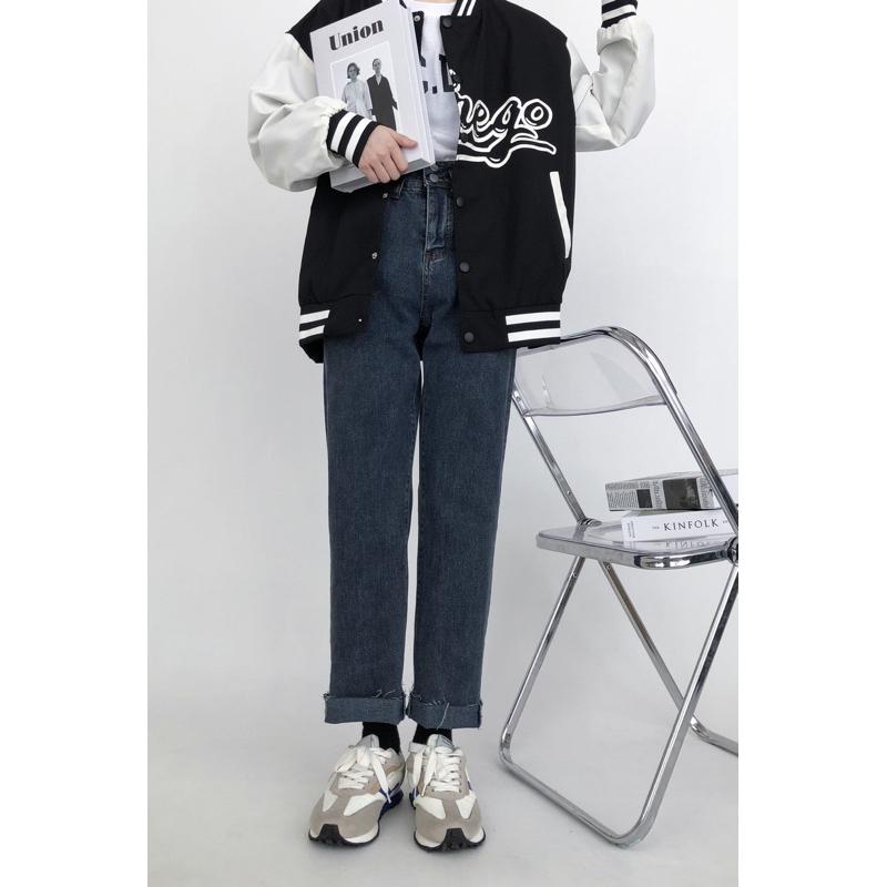 ［大尺碼到4XL］𝐔𝐌𝐄𝐎𝐖 𝐒𝐓𝐔𝐃𝐈𝐎 就想見到妳 煙灰藍兩釦毛邊直筒牛仔褲-細節圖5