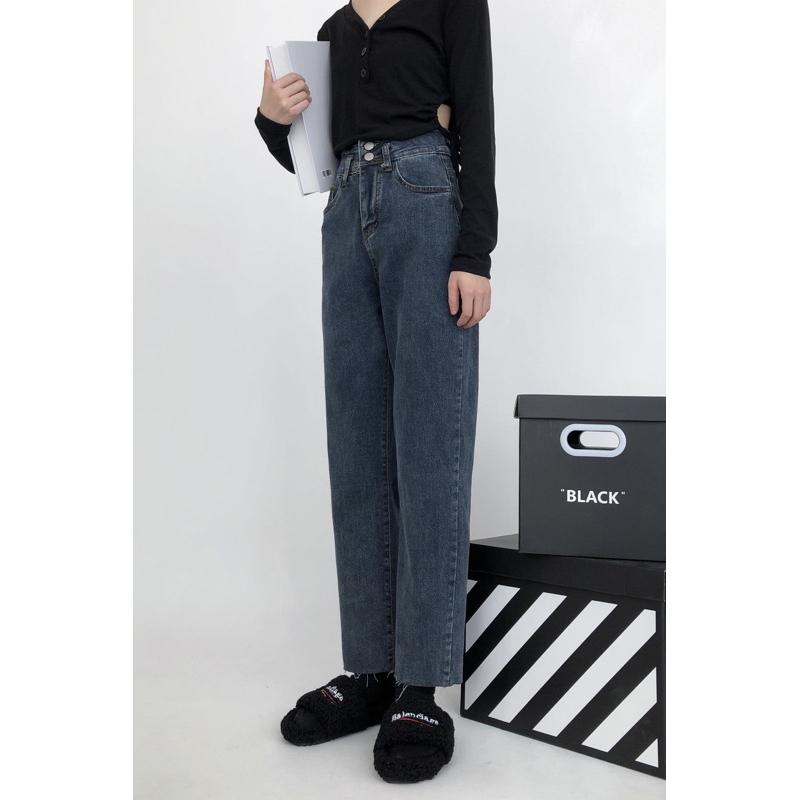 ［大尺碼到4XL］𝐔𝐌𝐄𝐎𝐖 𝐒𝐓𝐔𝐃𝐈𝐎 就想見到妳 煙灰藍兩釦毛邊直筒牛仔褲-細節圖7