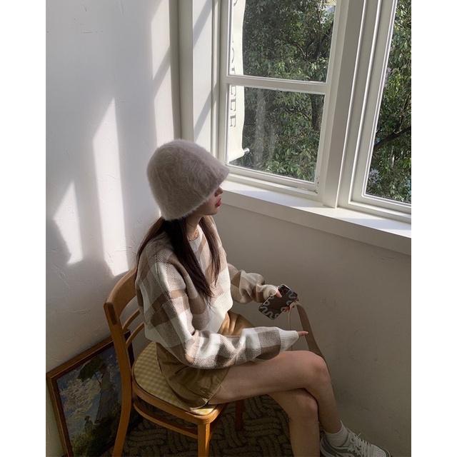 𝐔𝐌𝐄𝐎𝐖 𝐒𝐓𝐔𝐃𝐈𝐎 奶奶咖 格子短版寬鬆針織毛衣-細節圖4