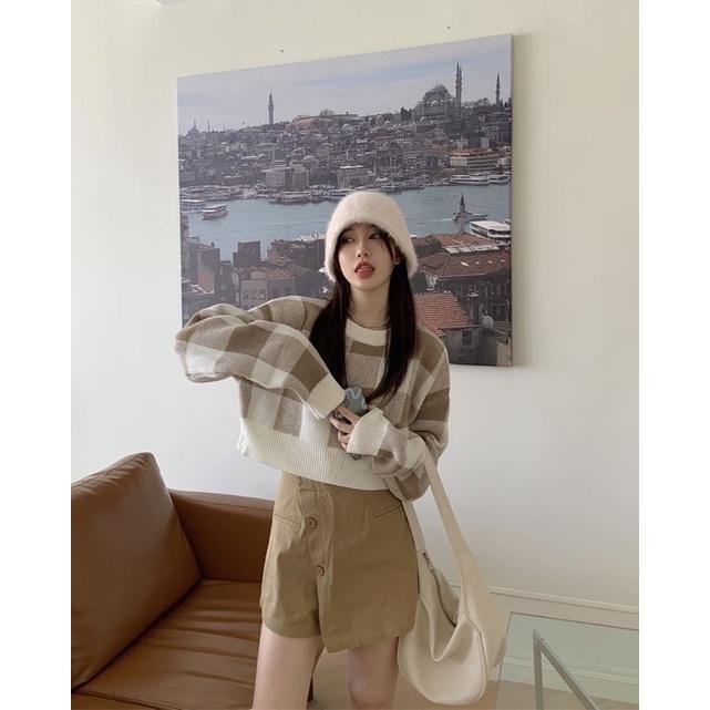 𝐔𝐌𝐄𝐎𝐖 𝐒𝐓𝐔𝐃𝐈𝐎 奶奶咖 格子短版寬鬆針織毛衣-細節圖6