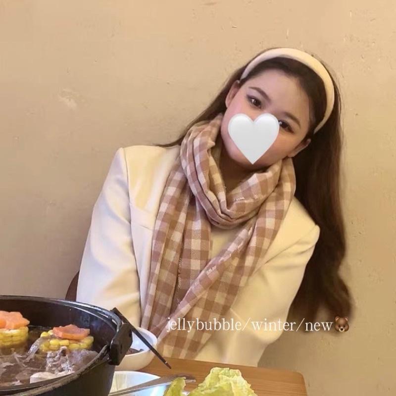 𝐔𝐌𝐄𝐎𝐖 𝐒𝐓𝐔𝐃𝐈𝐎 焦糖溫柔粉～奶油色系小格紋圍巾 溫暖可愛小格子圍巾 圍脖 仿羊絨-細節圖5