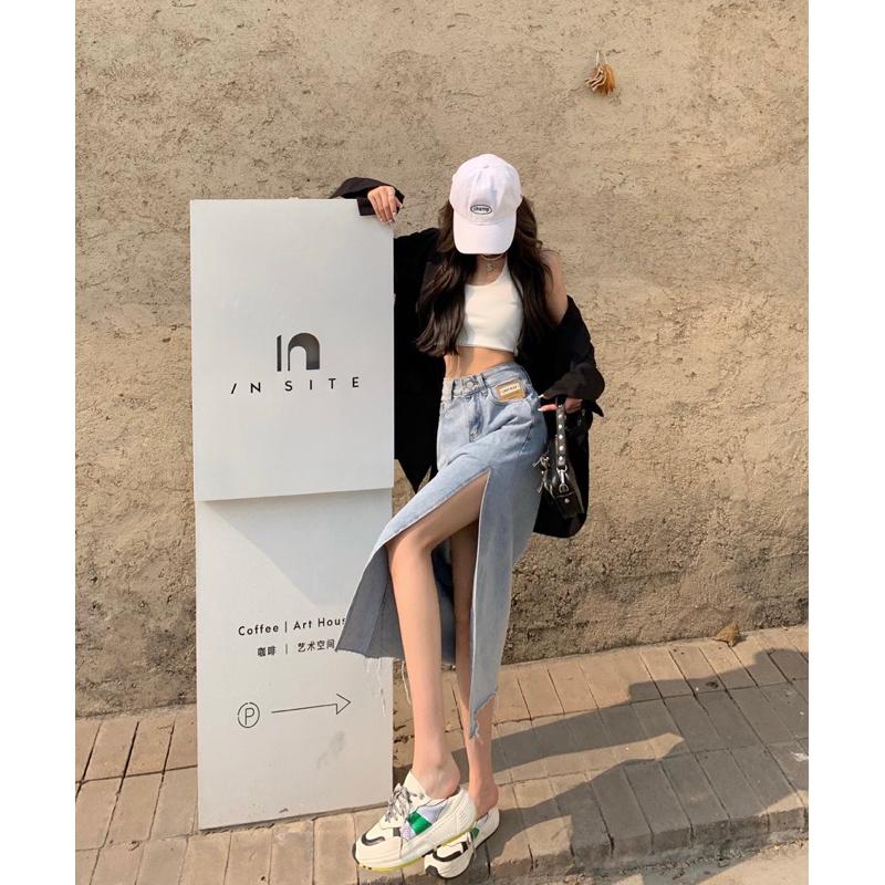 ［特價售完不補］［大尺碼到4XL］𝐔𝐌𝐄𝐎𝐖 𝐒𝐓𝐔𝐃𝐈𝐎 淺藍高腰開衩牛仔長裙-細節圖2