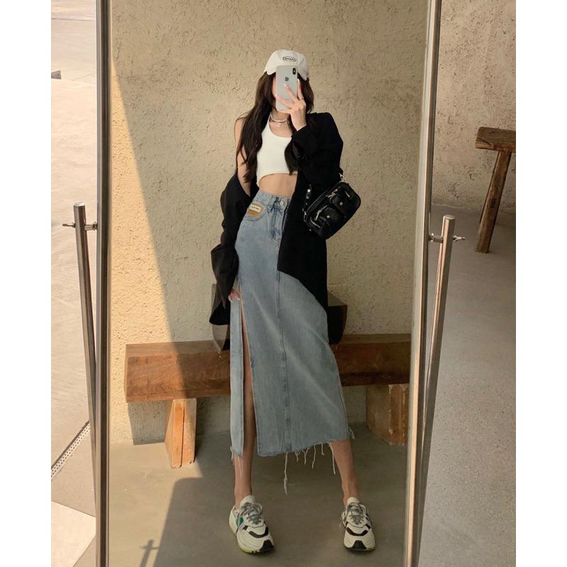 ［特價售完不補］［大尺碼到4XL］𝐔𝐌𝐄𝐎𝐖 𝐒𝐓𝐔𝐃𝐈𝐎 淺藍高腰開衩牛仔長裙-細節圖3