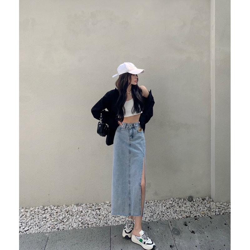 ［特價售完不補］［大尺碼到4XL］𝐔𝐌𝐄𝐎𝐖 𝐒𝐓𝐔𝐃𝐈𝐎 淺藍高腰開衩牛仔長裙-細節圖4