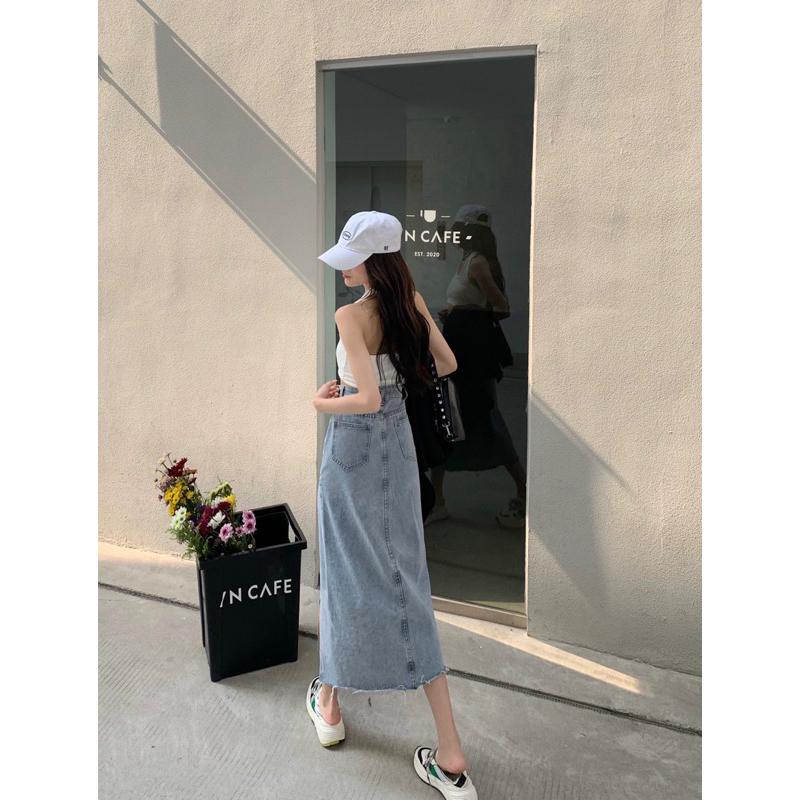 ［特價售完不補］［大尺碼到4XL］𝐔𝐌𝐄𝐎𝐖 𝐒𝐓𝐔𝐃𝐈𝐎 淺藍高腰開衩牛仔長裙-細節圖5