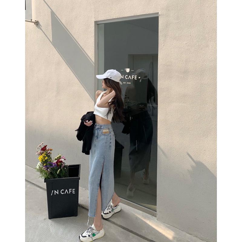 ［特價售完不補］［大尺碼到4XL］𝐔𝐌𝐄𝐎𝐖 𝐒𝐓𝐔𝐃𝐈𝐎 淺藍高腰開衩牛仔長裙-細節圖7