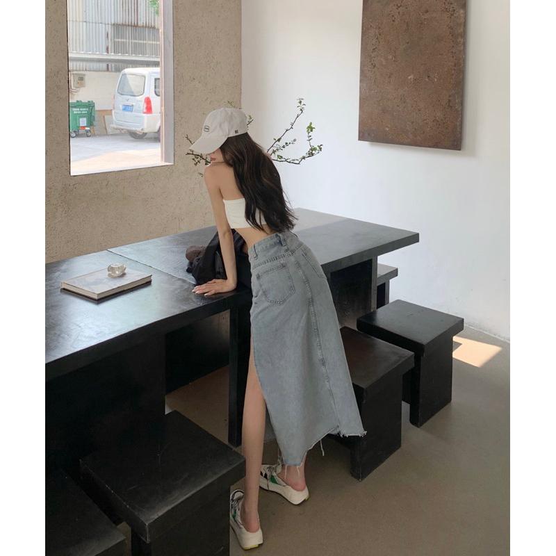 ［特價售完不補］［大尺碼到4XL］𝐔𝐌𝐄𝐎𝐖 𝐒𝐓𝐔𝐃𝐈𝐎 淺藍高腰開衩牛仔長裙-細節圖8