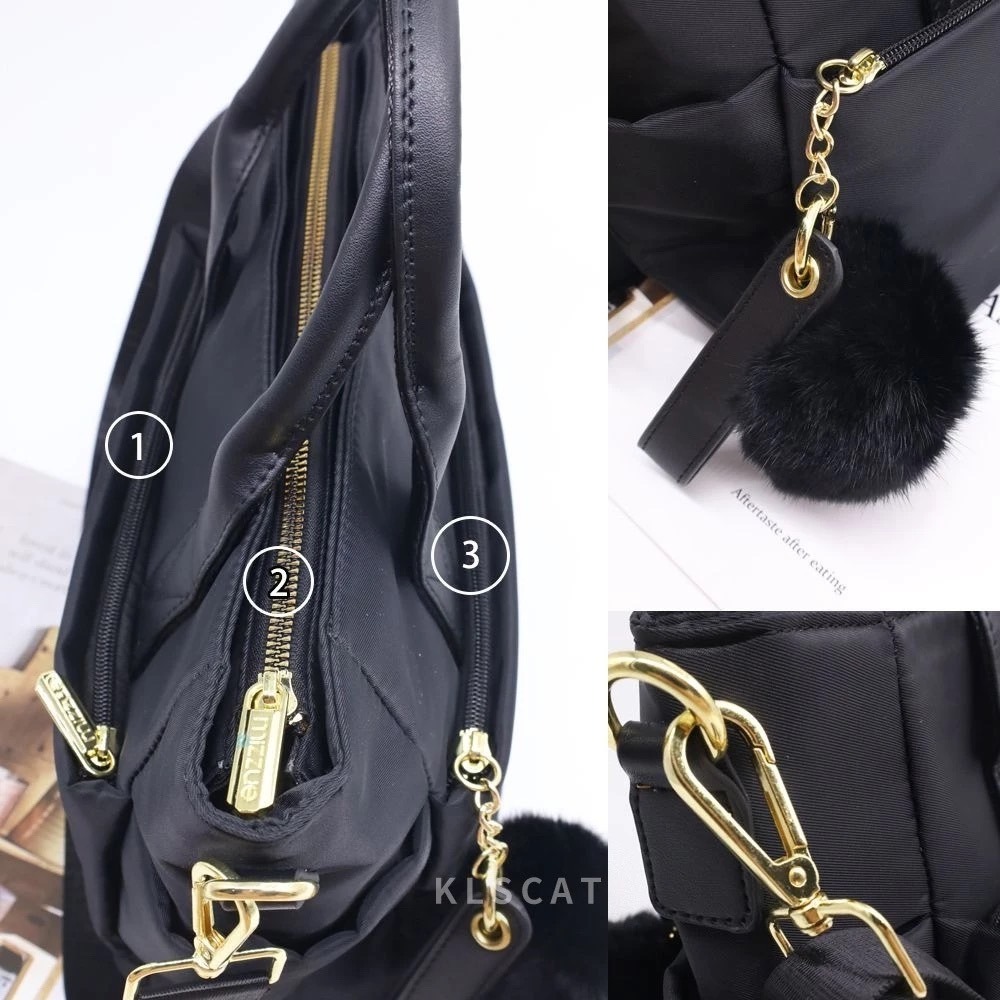 MIZZUE 防潑水尼龍 大款船型托特包包附毛球肩背包 側背包 手提包 托特包 多夾層包 XW079-細節圖4