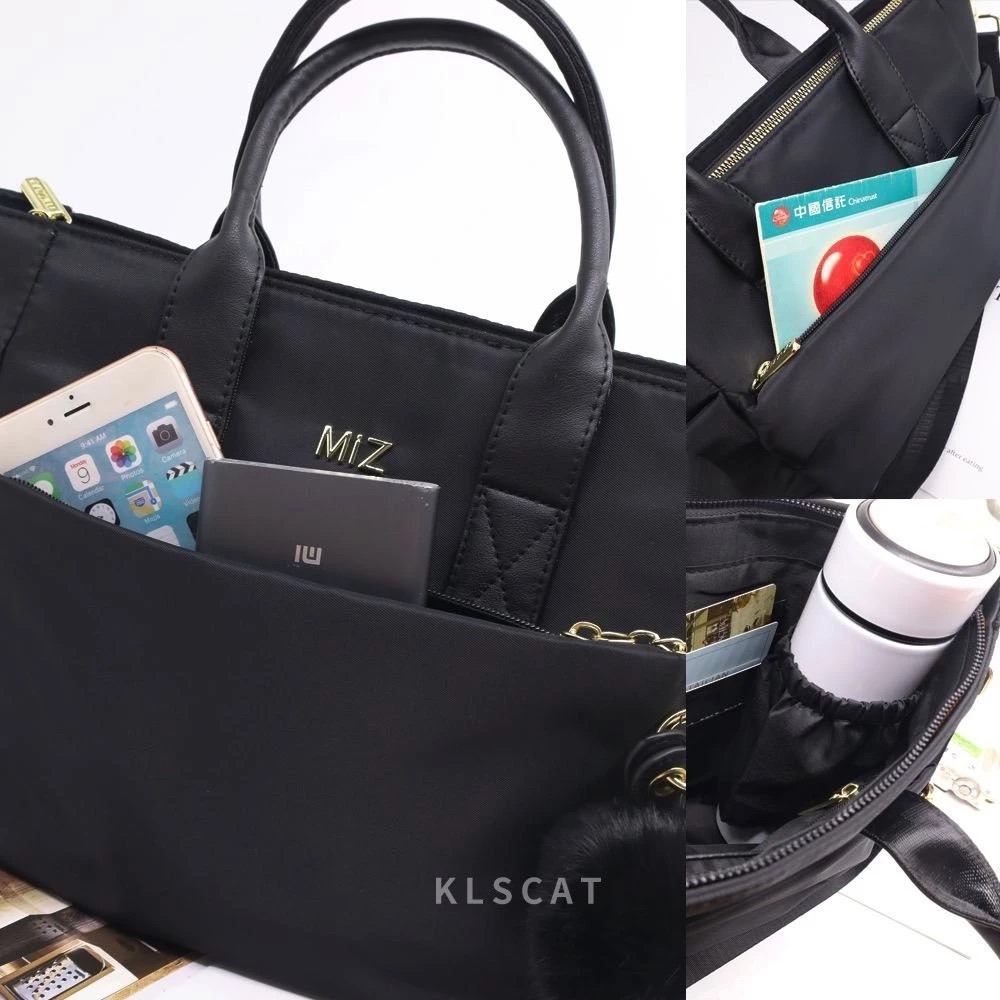 MIZZUE 防潑水尼龍 大款船型托特包包附毛球肩背包 側背包 手提包 托特包 多夾層包 XW079-細節圖5