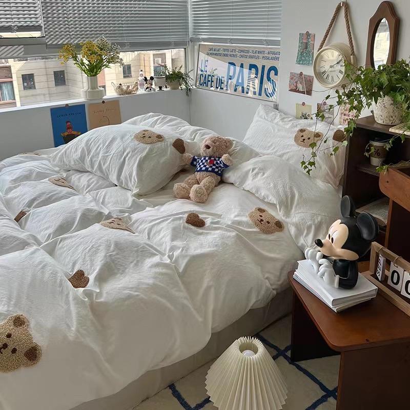 吾二家居 聚酯纖維 小熊白  單人 可愛 床包組 雙人床包 加大雙人  ins風 ikea風  台灣出貨-細節圖5