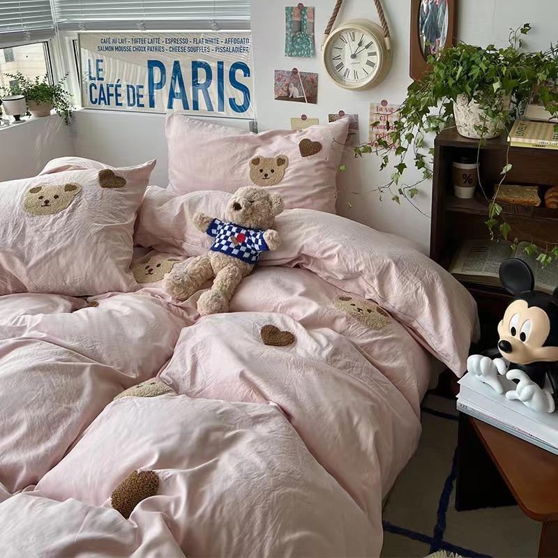 吾二家居 聚酯纖維 小熊粉  單人 可愛 床包組 雙人床包 加大雙人  ins風 ikea風  台灣出貨-細節圖2