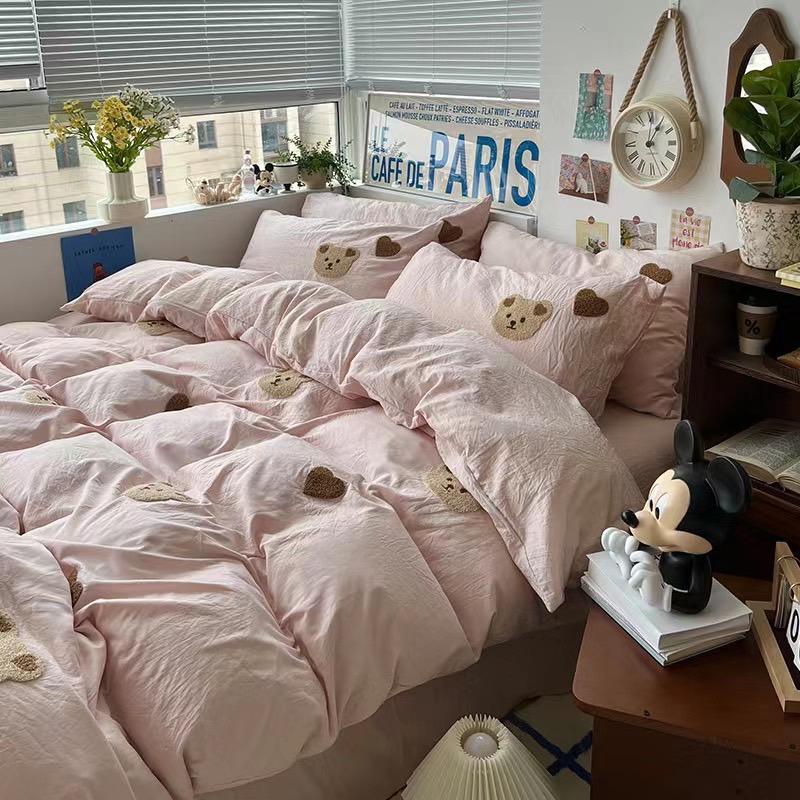 吾二家居 聚酯纖維 小熊粉  單人 可愛 床包組 雙人床包 加大雙人  ins風 ikea風  台灣出貨-細節圖3