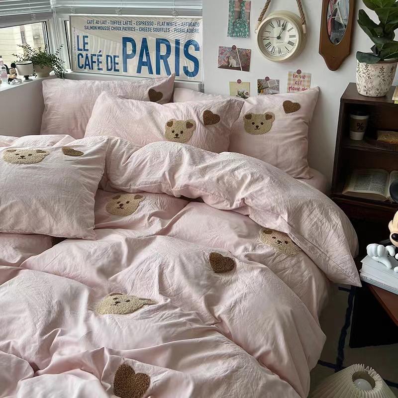吾二家居 聚酯纖維 小熊粉  單人 可愛 床包組 雙人床包 加大雙人  ins風 ikea風  台灣出貨-細節圖4