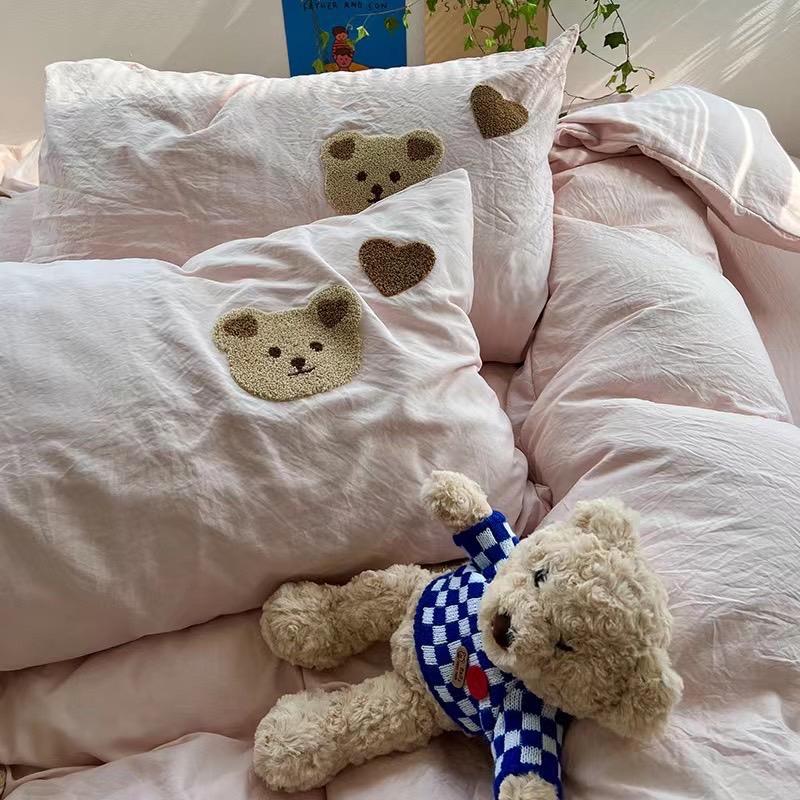 吾二家居 聚酯纖維 小熊粉  單人 可愛 床包組 雙人床包 加大雙人  ins風 ikea風  台灣出貨-細節圖5